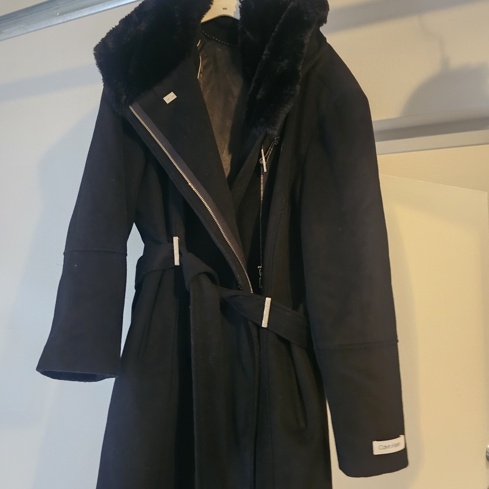 Calvin Klein Black Trench Coat with Faux Fur Collar
